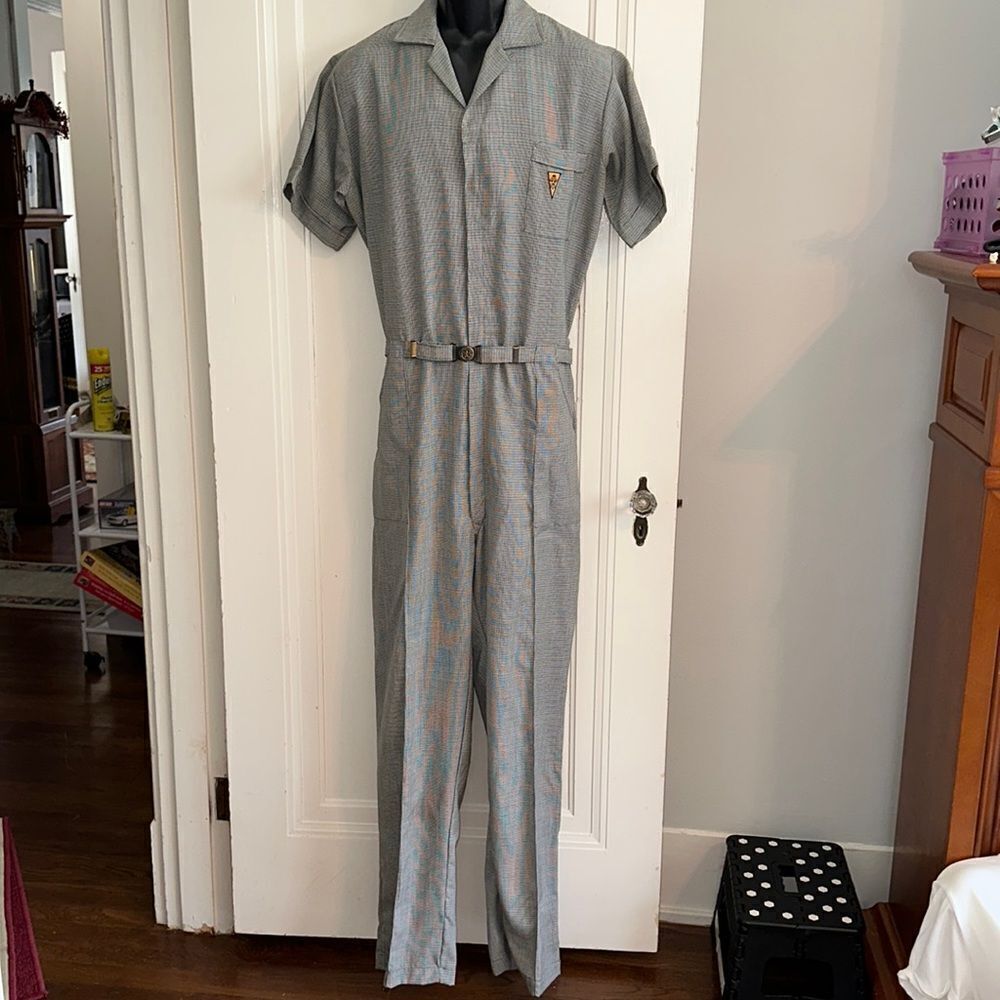 Vtg 60s Relax-Alls black, white & gray herringbone Dacron polyester jumpsuit
